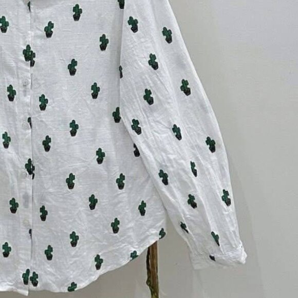 White Button Down Blouse With Green Cactus Print - Picture 4 of 4